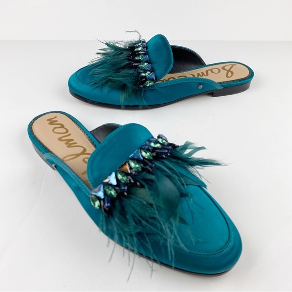 Sam Edelman Shoes - Sam Edelman Landis Jewel Embellished Satin Feather Slip On Mules Teal Size 9